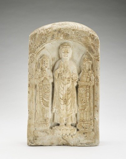 Standing Buddha with bodhisattvas (on one side) and Seated bodhisattva (on other side)