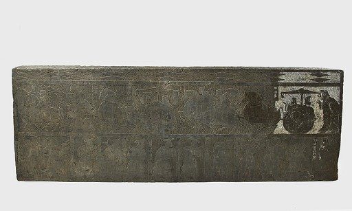 Han slab in low relief from mortuary chamber; design in two registers, of men, horses, and carts