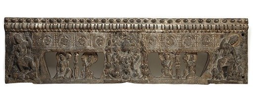 Frontal from the base of a funerary couch with Sogdian musicians and dancers and Buddhist divinities