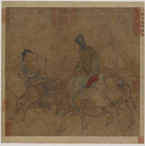 Old woman on ox, with herd-boy and calf