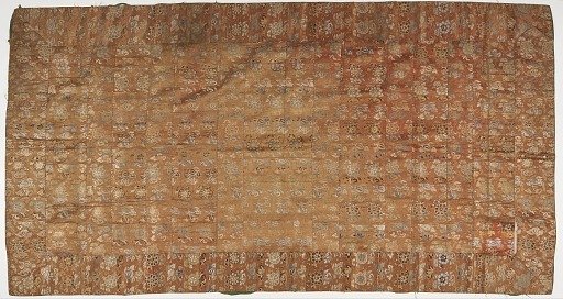 Brocade, silk. A Buddhist monk's robe, patched. Kesa