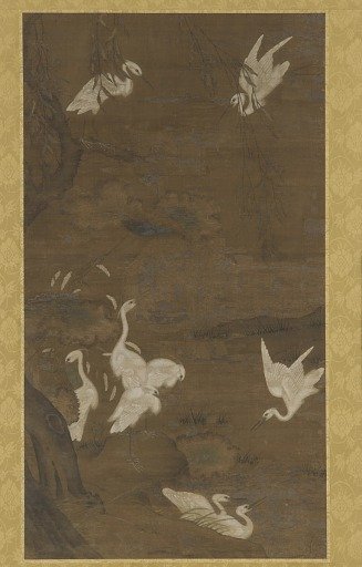 Nine white egrets and a willow tree