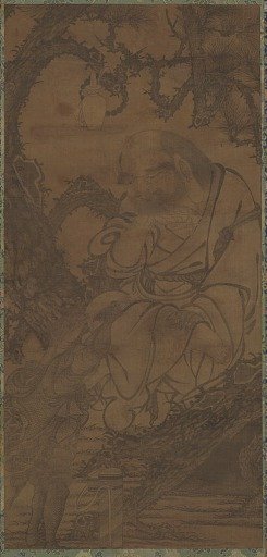 Luohan in a tree and tortoise presenting a scroll