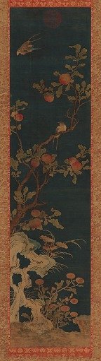 Tapestry: birds, peach-tree, rocks, and flowers on a blue ground
