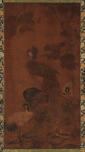 A phoenix and two cranes under a tree
