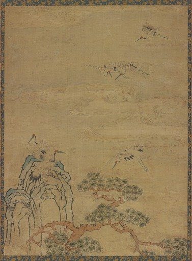 Tapestry with cranes, rocks, pines, and clouds