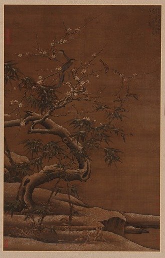 Birds, plum blossoms, and bamboo in winter