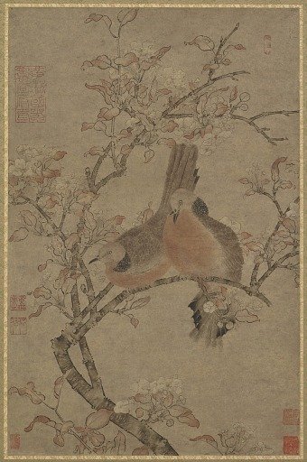 Two doves on a flowering branch