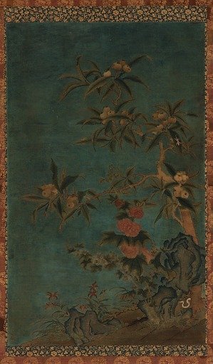 Tapestry: fruit trees and hollyhocks