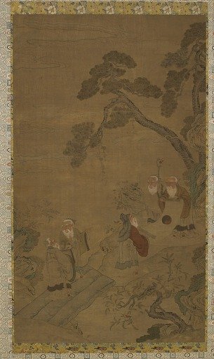 Tapestry: five sages in a garden under pines