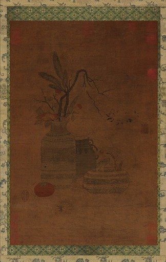 Tapestry: a bowl, two jars, flowers, and fruit