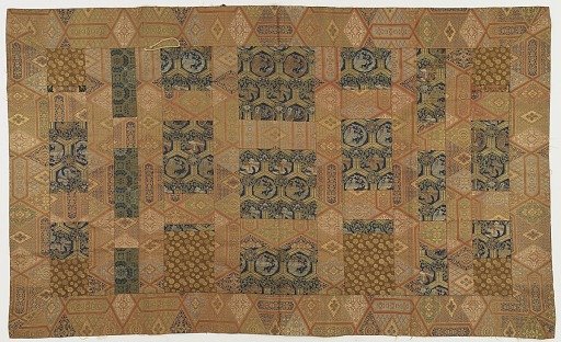 Brocade, silk. A Buddhist monk's robe, patched; kesa 袈裟