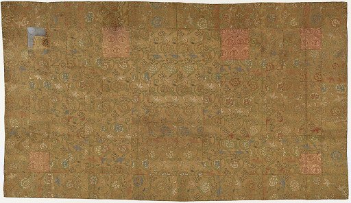 Brocade, silk. A Buddhist monk's robe, patched; kesa 袈裟. One patch partly cut away