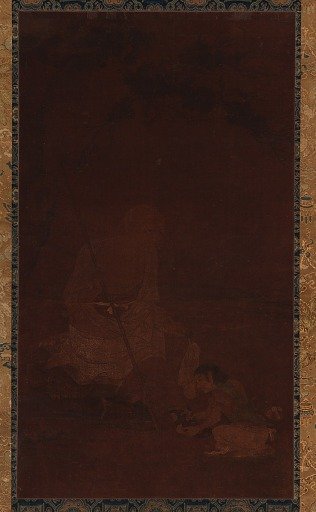 Lohan seated; an attendant kneeling before him