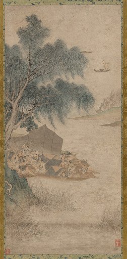 Fisher folk moored under trees