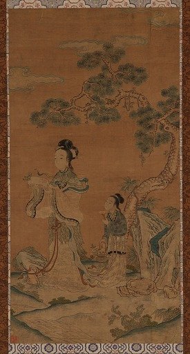 Tapestry: a Daoist female Immortal and attendant under a pine