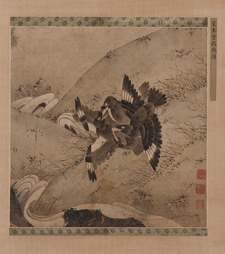 Squabbling mynas above a brook