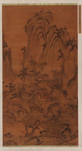 Landscape: a mountain gorge, a stream, buildings and people