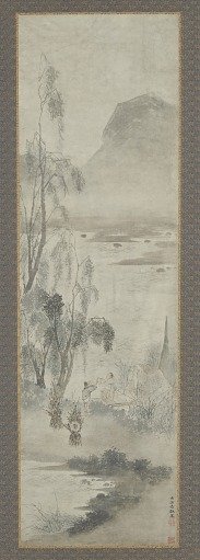Woodcutter receiving a drink at a fishing boat