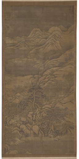 Winter landscape: hills and river; figures of mounted travelers