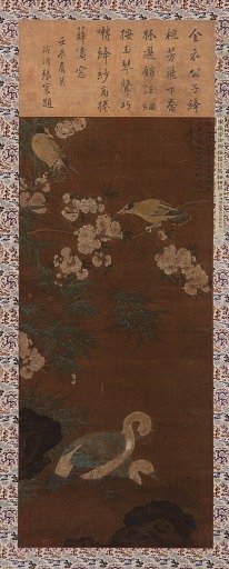 Geese, other birds, flowers and bamboos