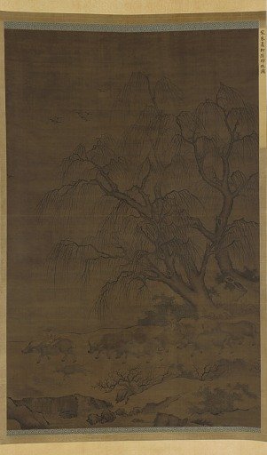 Water-buffaloes and attendants under willow-trees