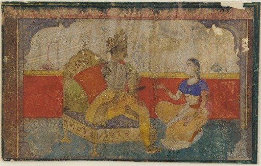 The lover (Krsna) in conversation with the messenger from the beloved, from a <em>Rasikapriya</em>