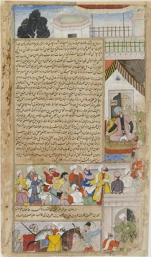 The Imam of Baghdad brought before the Caliph on a charge of heresy from the <em>Tarikh-i-Alfi</em>