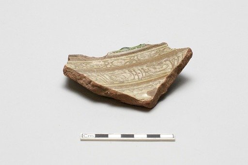 Sherd, red body, white slip, green glaze