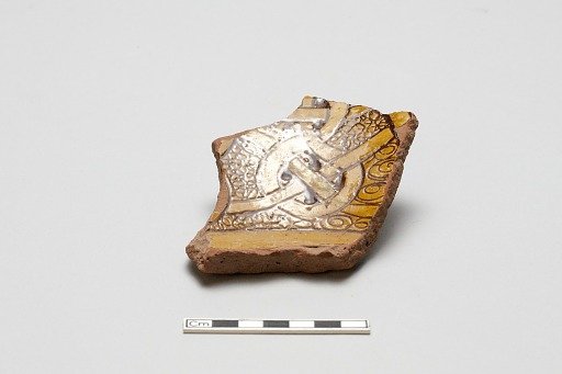 sherd, red body, white slip, yellow-brown glaze