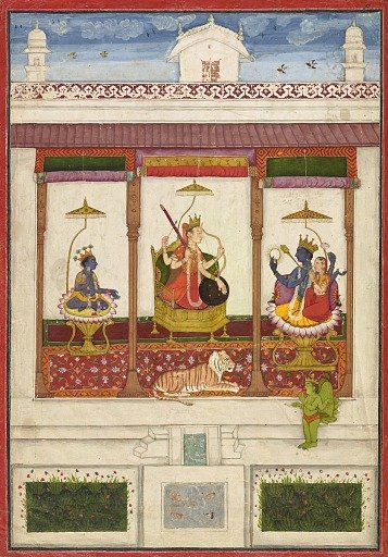 Devi with Krishna and Vishnu in a Palace