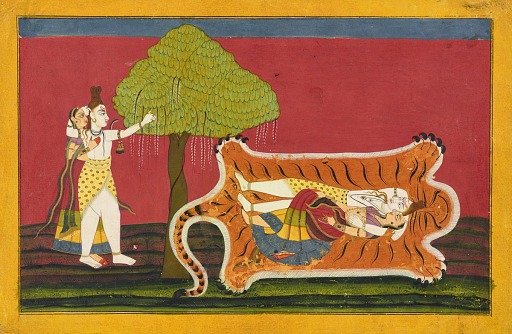 Shiva and Parvati on a tiger skin: Anakūl Nayaka folio from a <em>Rasamanjari</em>