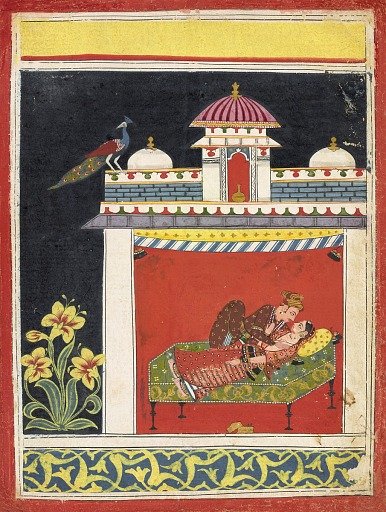Two lovers in a pavilion, from an <em>Amarushataka</em> (Hundred poems of Amaru), or an unidentified erotic series