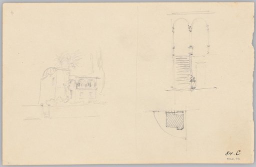 Italian Villa: Overall View, Detail of the Loggia, and Floor Plan