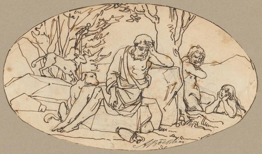 Ein Mann sitzt sinnend auf einem Fels, zu seiner Linken ein Satyr und eine weibliche Figur