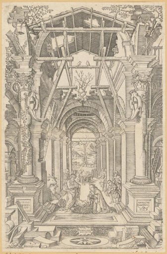 The Nativity and the Adoration of the Shepherds in an Old Building Falling into Ruins