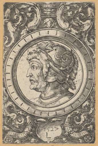 Ornament with the Head of a Soldier with a Grotesque Helmet in a Roundel