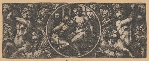 Grotesque Ornament with Cimon and Pero in a Roundel, Flanked by Tritons