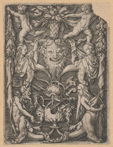 Grotesque Ornament with a Mask, Flanked by Sphinxes and Putti