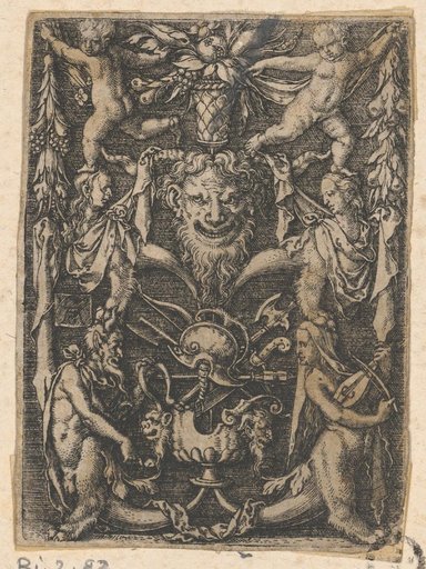 Grotesque Ornament with a Mask, Flanked by Sphinxes and Putti