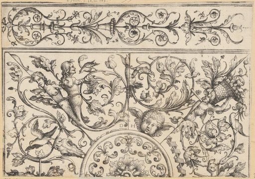 Ornamental tableau with four corner pieces and a half central medallion, above an ornamental frieze