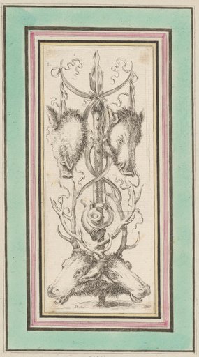 Ornament with hunting horn, wild boar, and stag heads
