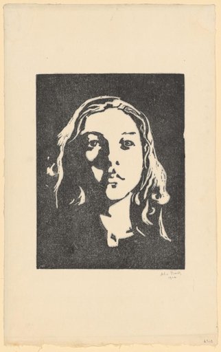 Frontal girl's head with loose hair and slightly upward-gazing eyes
