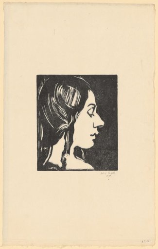 Girl's head with hanging braids in profile to the right