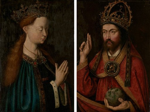 Mary and Christ as Salvator Mundi (front); Coat of Arms Paintings in Gray-Green Grisaille (back)