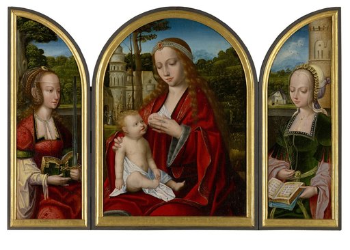 Madonna with Child (central panel); Saint Catherine (inner side of left wing); Saint Barbara (inner side of right wing)