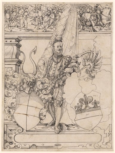 Sectional Drawing with a Banner-Bearer as a Shield-Bearer and Two Unidentified Coats of Arms, in the Upper Image a Military Campaign