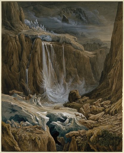 Waterfall in the High Mountains, Between Two Glaciers
