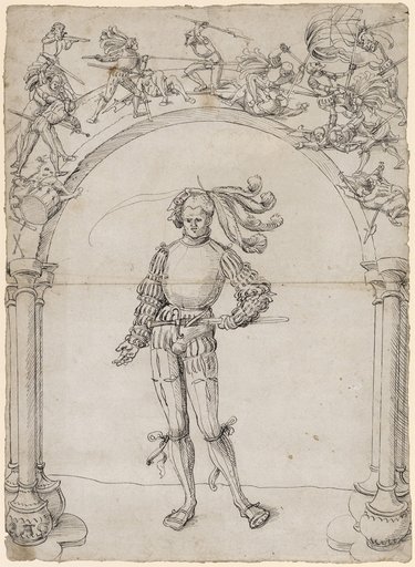Window Design with a Swiss Confederate under an Arch, Combat Scenes in the Upper Image