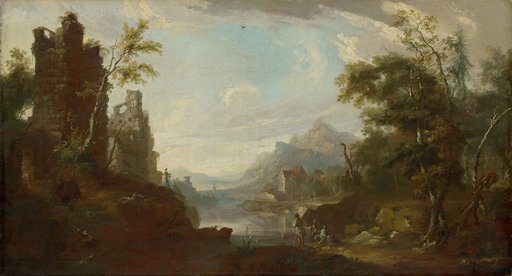 Castle Ruin by a Lake with Fishermen